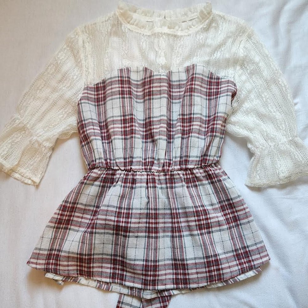 White lace and Gingham Blouse